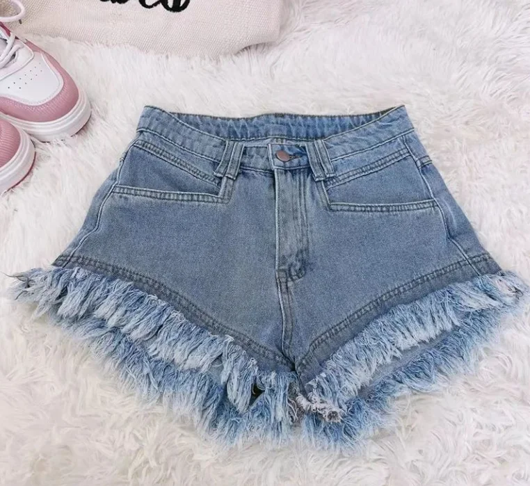 

Summer New Drill Denim Shorts Women's High Girl Ripped Holes Rough Edge Wide Leg Hot Pant