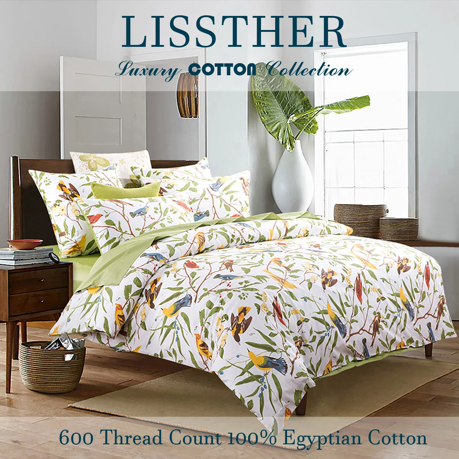 3pcs 600 TC 100% Egyptian Cotton Duvet Cover Set (Without Core), Vintage Bird & Colorful Floral, Soft Breathable & Skin-friendly