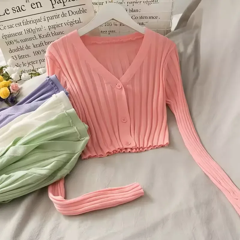 

Женский акриловый вязаный кардиган в рубчик с длинными рукавами и v-образным вырезом на пуговицах, тонкий однотонный эластичный укороченный топ, трикотаж