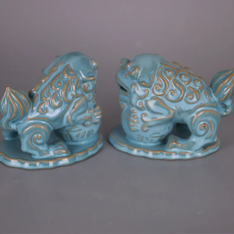 Ru Ware Style Sky Blue Glaze Qian De Mark Lion Ball Ornament Reproduction Home Decor Collection