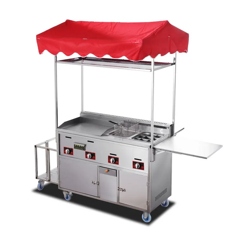 

Multi-Functional Snack Cart with Umbrella Commercial Mobile BBQ Food Truck for Tacos French Fries Burgers Hot Dogs