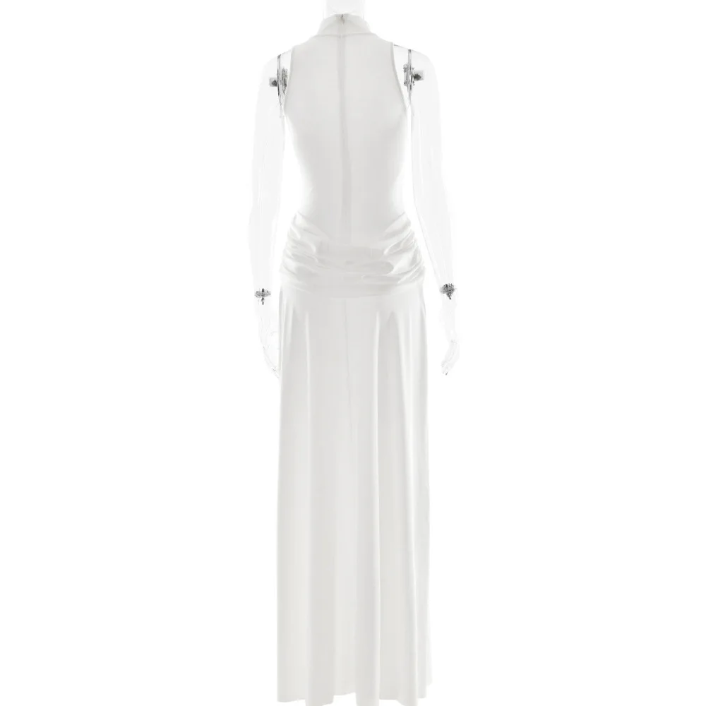 ผู้หญิง Ruched ริบบิ้น Maxi Party Dress คอเต่าแขนกุดด้านข้างแยก Bodycon จัดเลี้ยงวันเกิดยาว Robe Clubwear