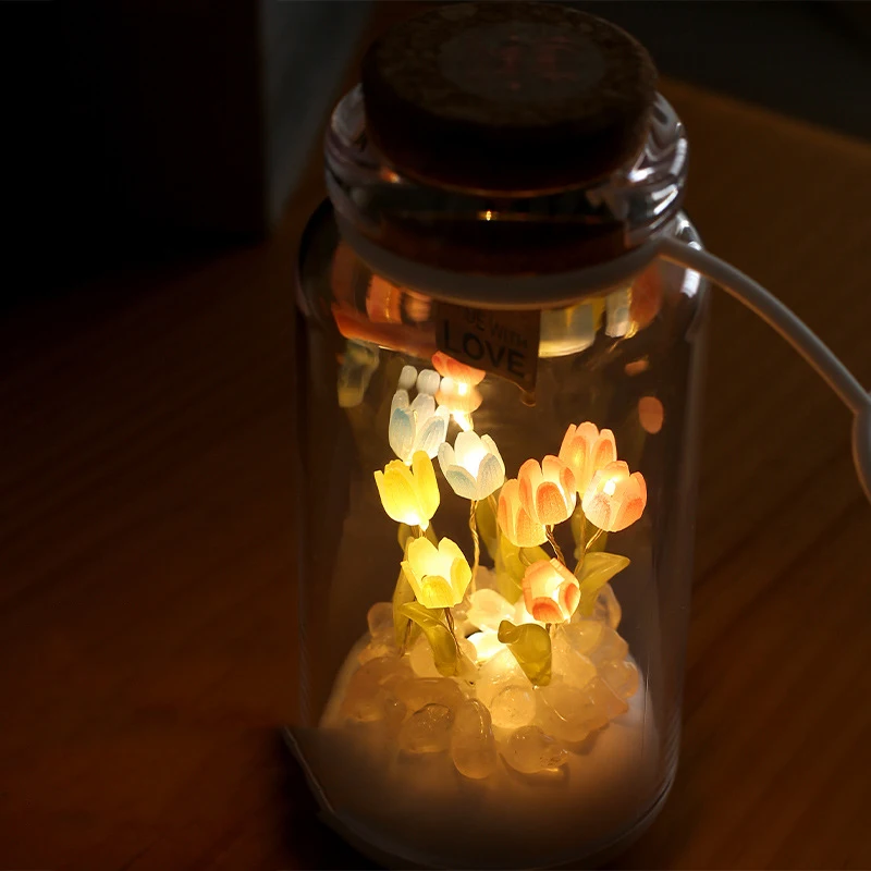 Lámpara de noche pequeña para botella de deseos de tulipán, lámparas de mesita de noche para dormir, regalo de boda, regalo romántico del Día de San Valentín