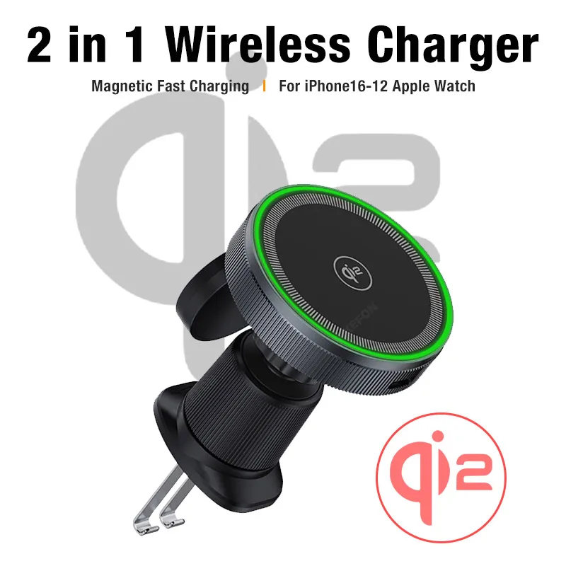 Cargador inalámbrico magnético Qi2 2 en 1, salida de aire para coche, soporte para teléfono para iPhone 16, 15, 14, 13 Pro Max, estación de carga rápida para Apple Watch