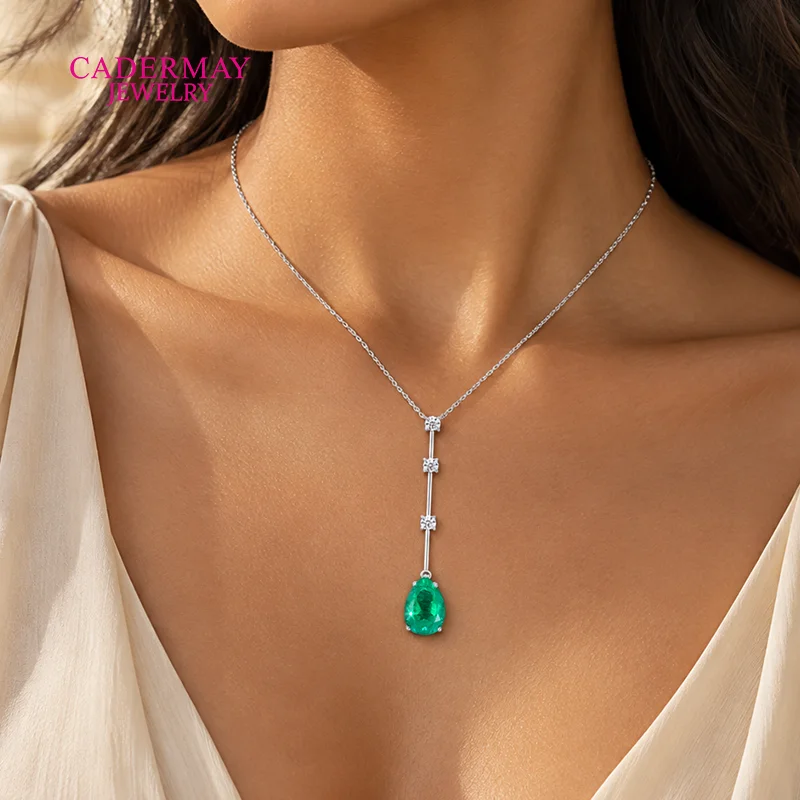 925 Silver Lab Grown Emerald Necklace 9x13mm Pear Cut #2 Green Emerald Pendant with Moissanite Accents Elegant Women's Jewelry