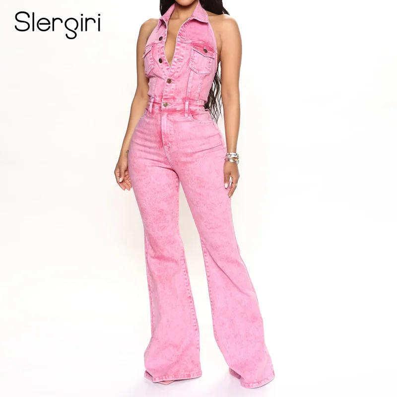 

Slergiri Women's Turn-Down Collar Half Button Denim Jumpsuit Streetwear Sexy Backless Elastic Flared Jeans Jumpsuits 2025 New