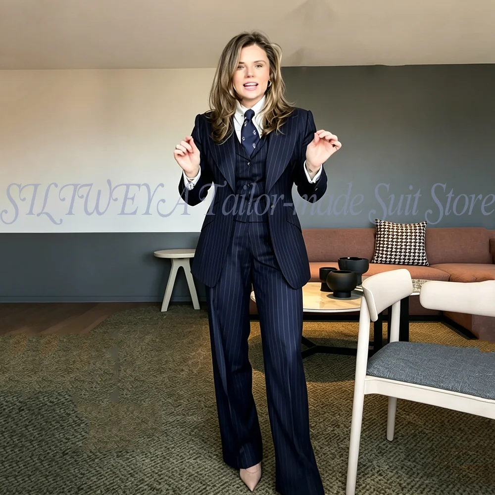 Women's Stripe Suit 3 Pieces Set Jacket Vest Pants Blazer Set Business Casual Office Work Outfits Elegant Female Suit Customize