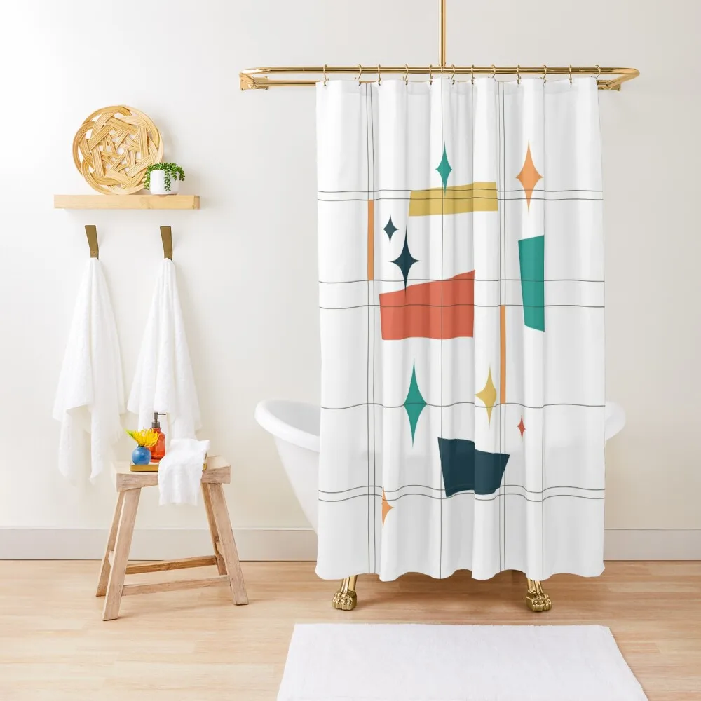 

Mid Century Modern Abstract Composition 7 in Orange, Teal, Yellow and Charcoal Shower Curtain Waterproof Bathroom Shower Curtain