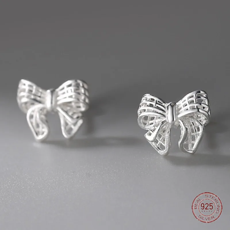 Pendientes de tuerca de Plata de Ley 925 para mujer, joyería coreana con lazo, hueca, 2023