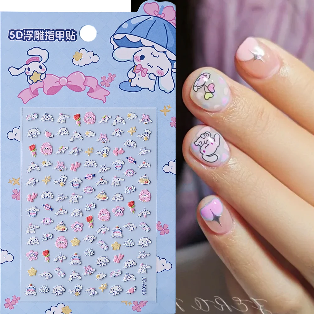 1Pc 5D Embossed Hello Kitty Kuromi Nail Stickers Kawaii Cartoon Cinnamoroll Nail Decals DIY Adhesive Slider Nails Art Decoration