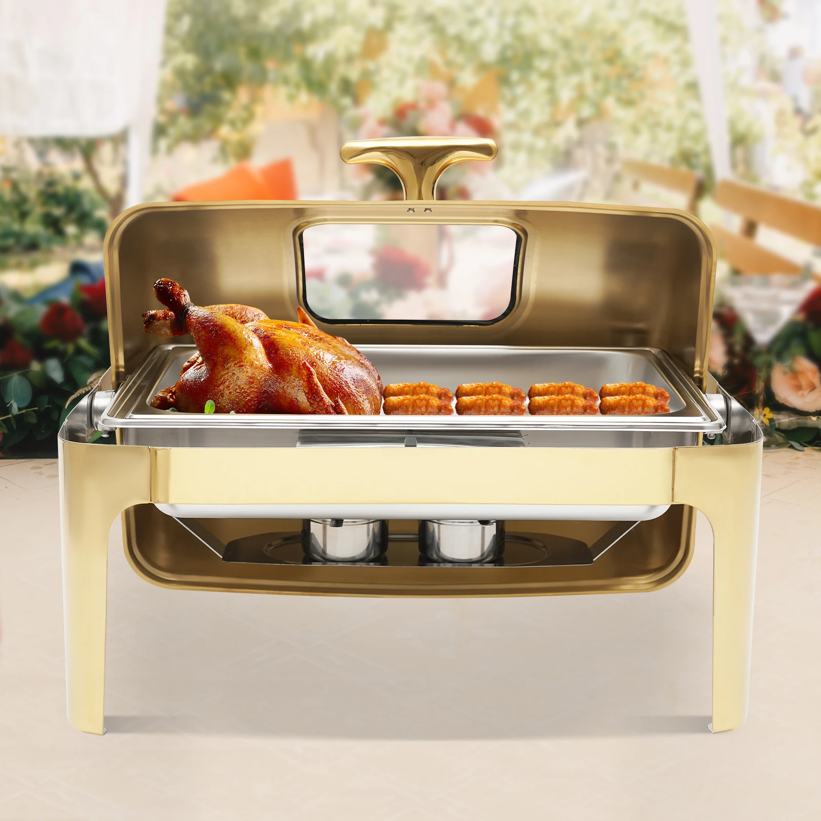 

Chafing Dish Buffet Set Rectangular Stainless Steel Buffet Warmer with Thick Frame Glass Gold Modern 180° Opening Polishing