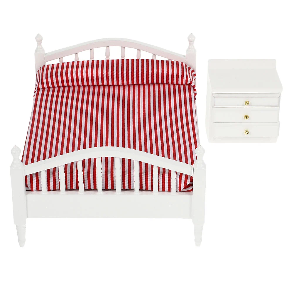 Miniature Furniture Model Dollhouse Double Bed White Nightstand Solid Wood Ornaments for