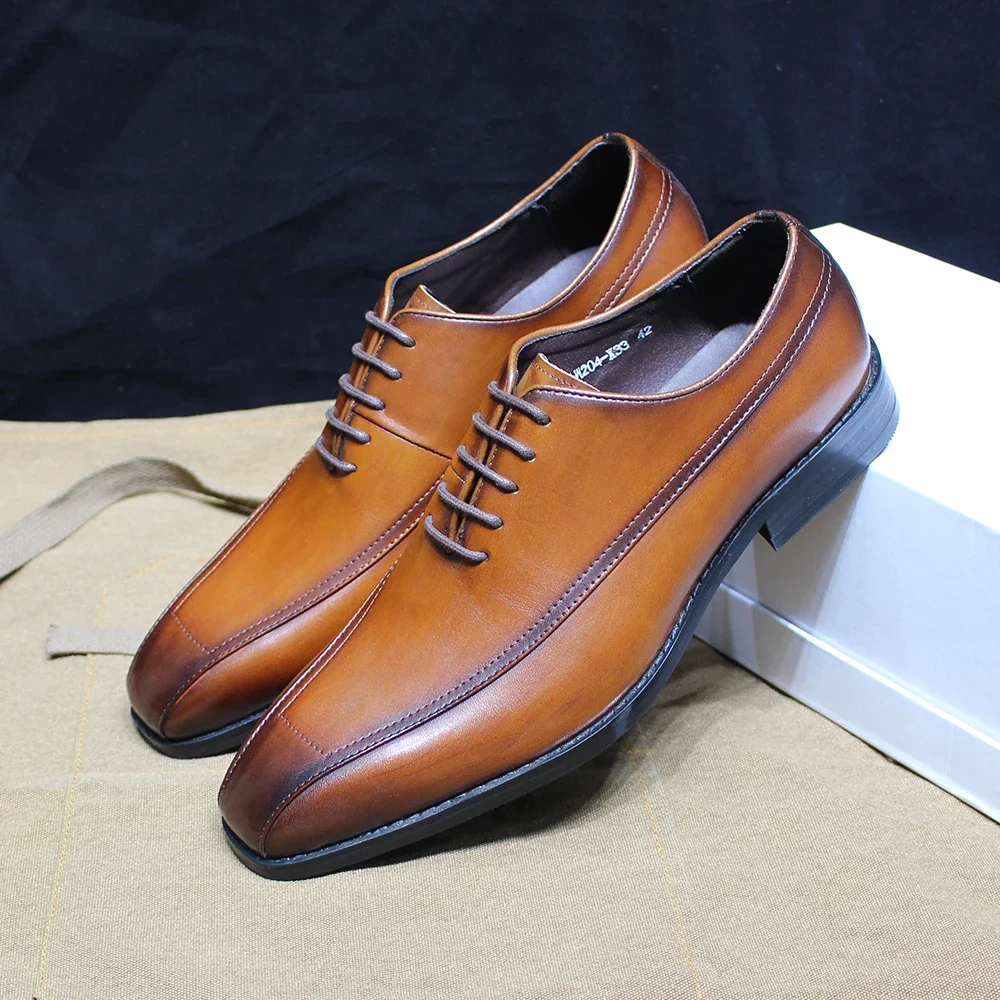 Italian Mens Genuine Leather Oxfords Classic Plain Toe Lace-Up Dress Shoes Handmade for Office Wedding Party Formal Occasions