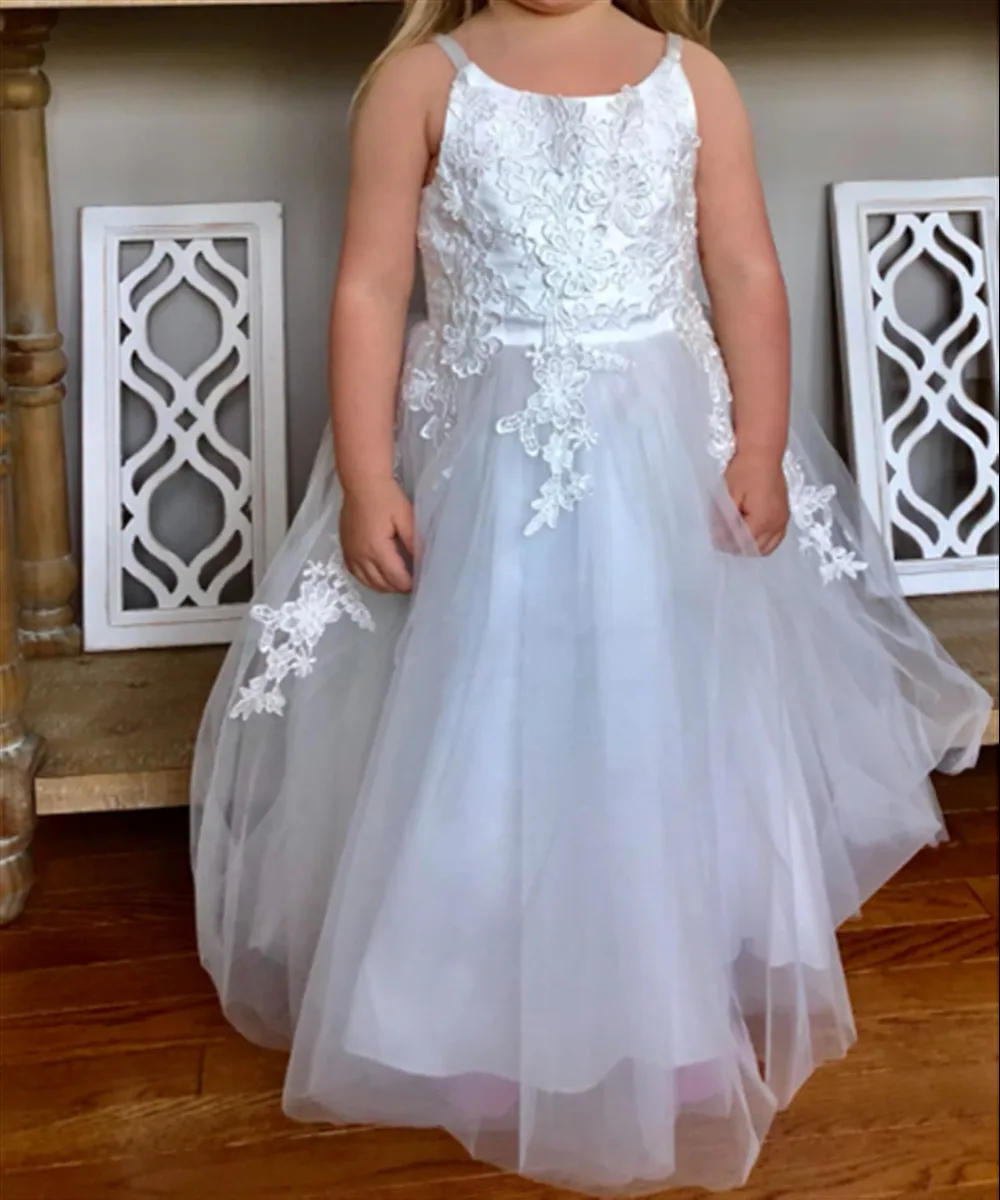 

Elegant Flower Girl Wedding Dress Appliques Lace with Bow Sleeveless First Communion Dress Kids Birthday Party Pageant Ball Gown
