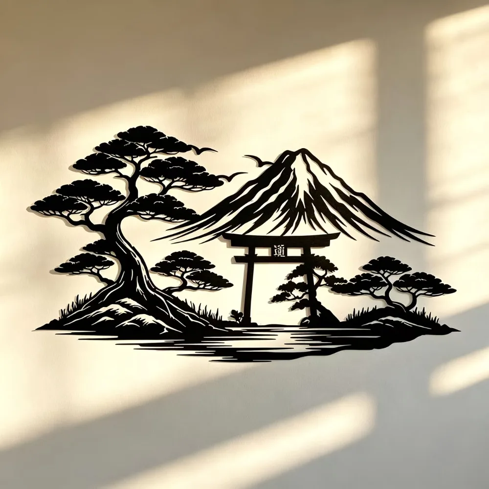CIFBUY Japanese Mount Fuji Torii Gate Bonsai Tree Aluminum Wall Art Waterproof Metal Sign for Home Living Room Wall Decor