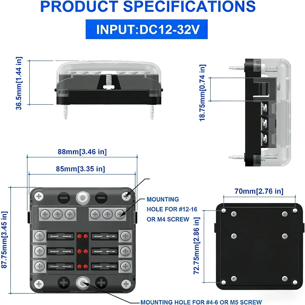 6 Way Blade Fuse Box 12V 24V Circuit Fuse Holder Block with Negative Bus LED Indicator for Car Boat Marine Truck Automotive