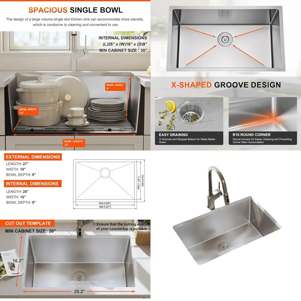 

Handcrafted 27 Single Bowl Undermount Stainless Steel Kitchen Sink, 16 Gauge, with Strainer