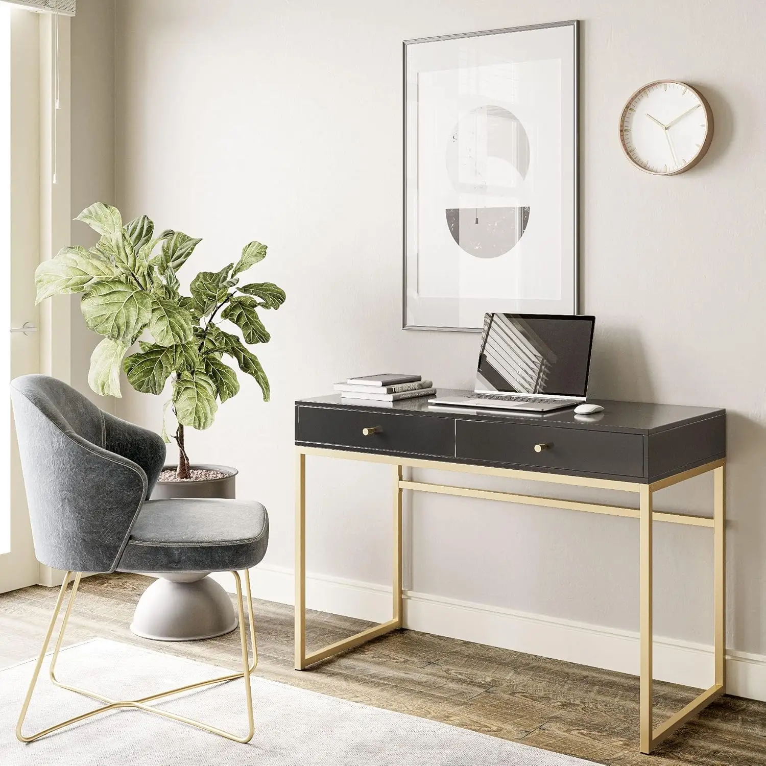 42 Inch Makeup Vanity or Home Office Desk for Bedroom, Black Wood Top with Gold Metal Frame, Two Storage Drawers - view 4