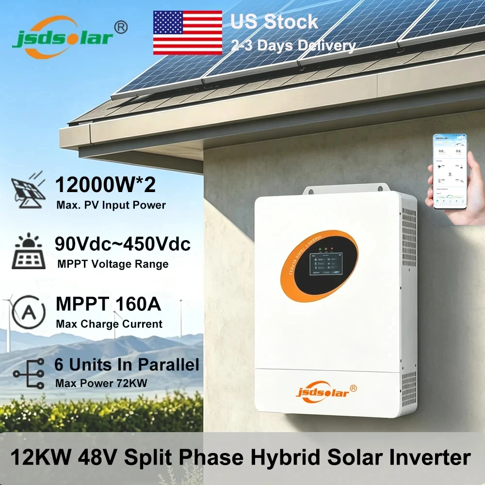Jsdsolar 12KW Hybrid Solar Inverter 48V To 120/240VAC Split Phase PV Inverter Dual 160A MPPT Solar Charger With RS485 Remote Communication PV 500VDC Pure Sine Wave Parallel Inverter For Off/On Grid Home Solar System