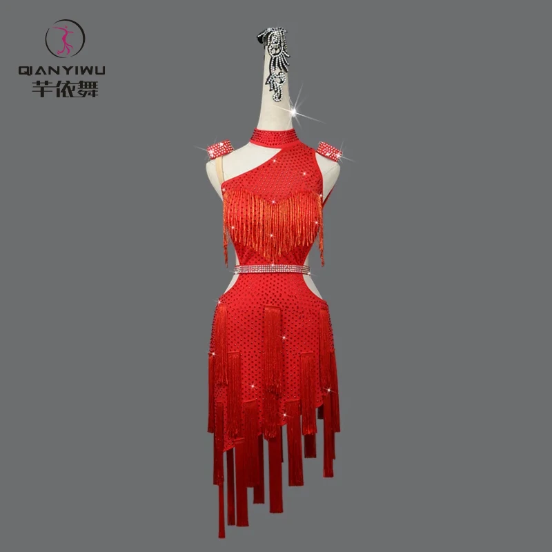 

Red Woman Party Dress Latin Dance Elegant Costume 2024 Competition Girl Fringe Skirt Midi Dancewear Clothes Line Suit Prom Samba