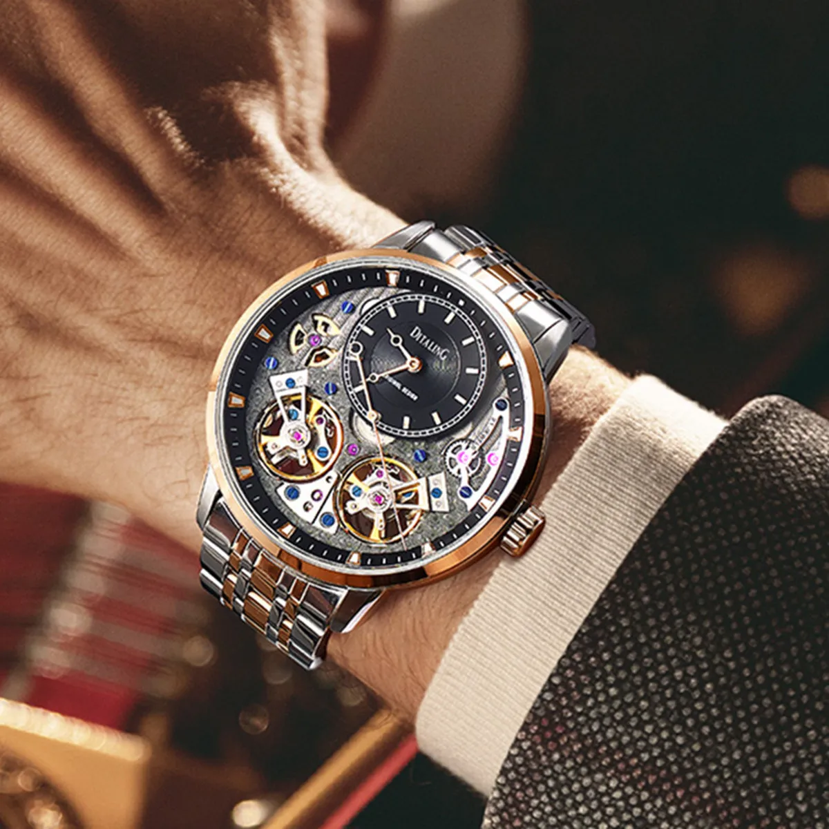 DITALING мужские автоматические часы роскошные часы винтажные механические наручные часы 50 м водонепроницаемые сапфировый скелетон двойной маховик