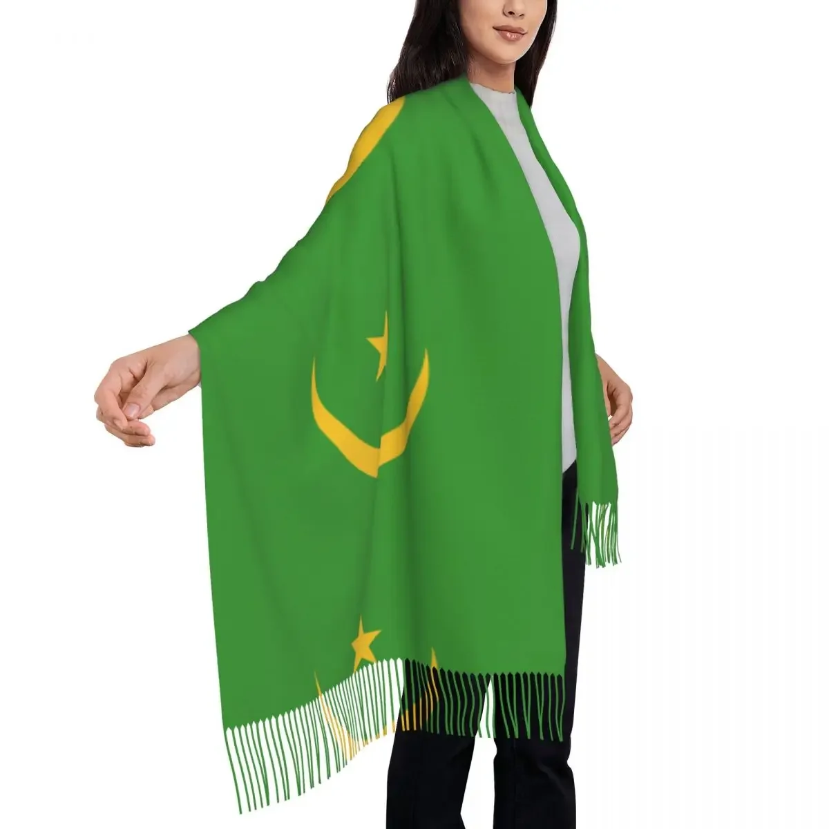 Personalized Printed Mauritania Flag Long Pile Fringe Men Scarf Women'S Anti Chill 