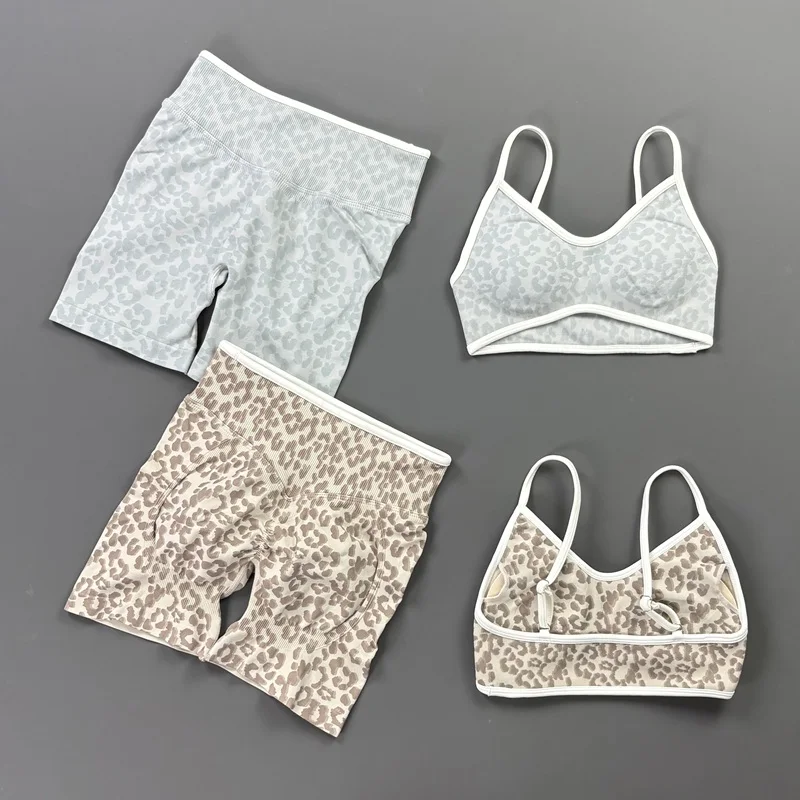 2Pcs HISTELLO Leopard Print Fitness Sports Set Thin Strap Sports Bra Women Seamless High Waist Yoga Leggings Gym Workout Wear