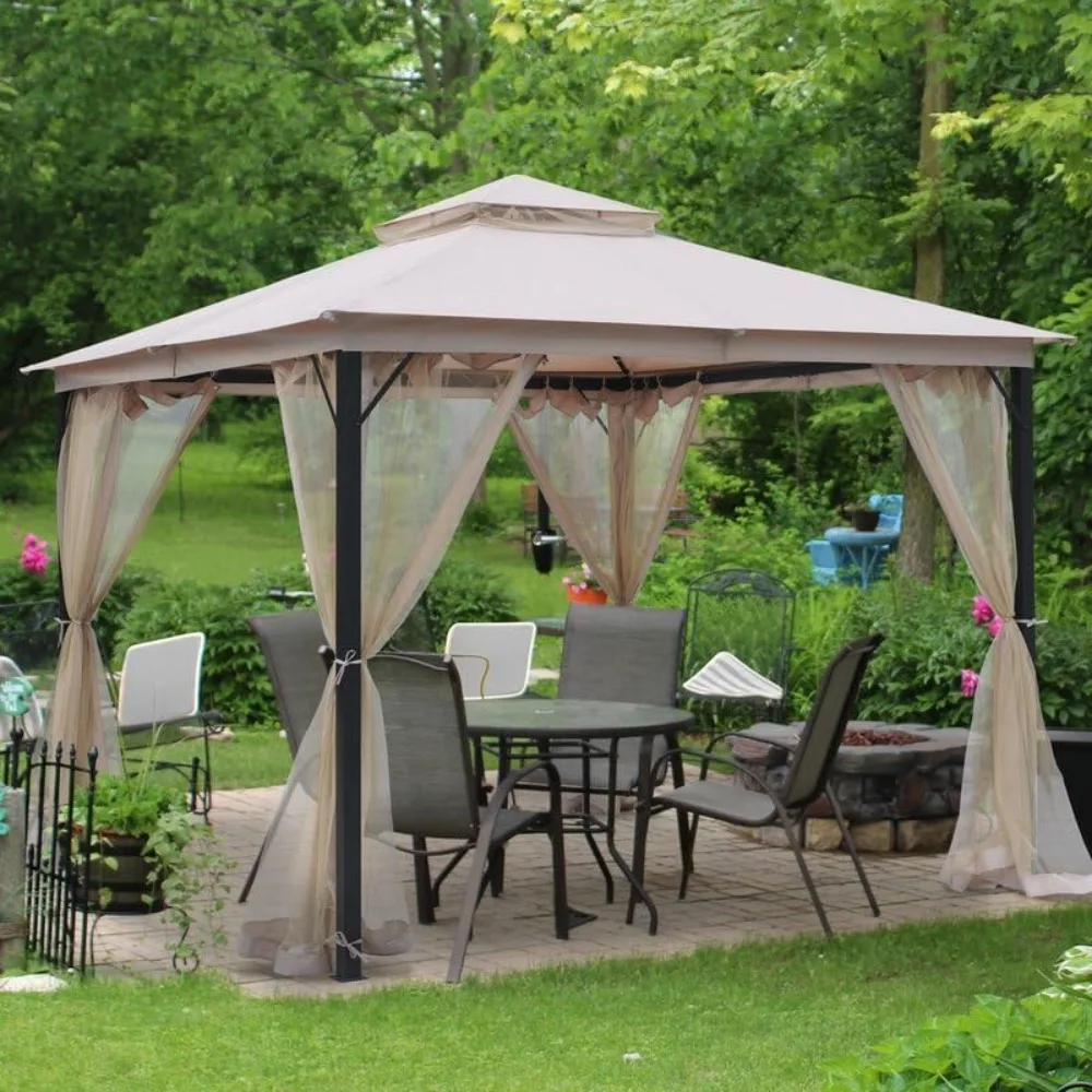 

Outdoor Patio Gazebo 10x10, Heavy Duty Gazebos, Soft Top Gazebo with Metal Frame, Double Roof Canopy, Mosquito Nets