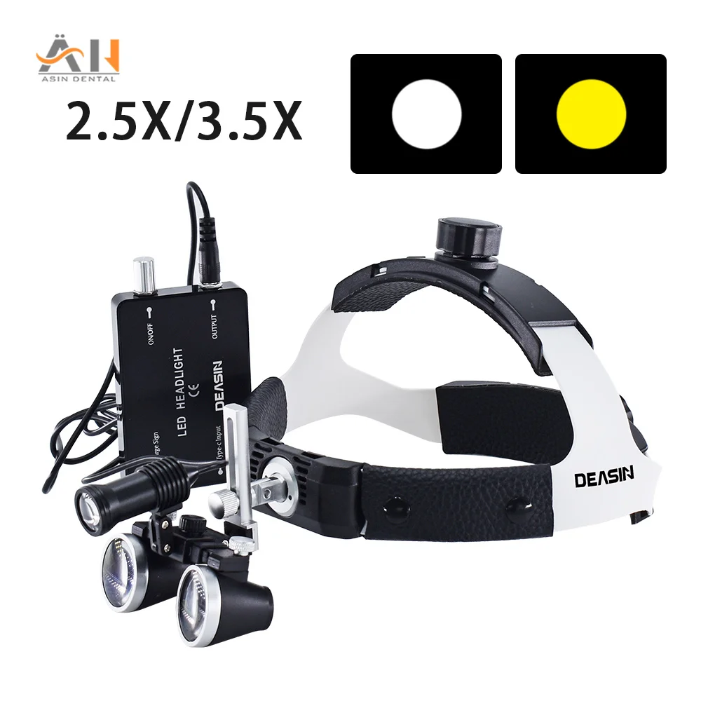 

2.5X/3.5X Head Wearing Dental Binocular Magnifier 5W LED Medical Oral Headlight with Yellow light filter for Dentistry Oral ENT