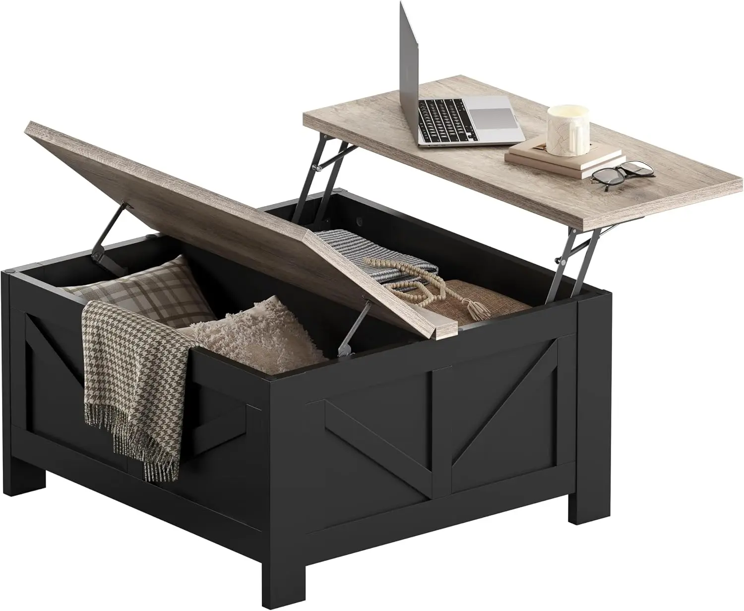 Lift Top Coffee Table, Square Wood Center Table, Living Room Hidden Storage Organizer, Modern Accent Tea Table Workstation For Apartment Home Decor, Black Gray