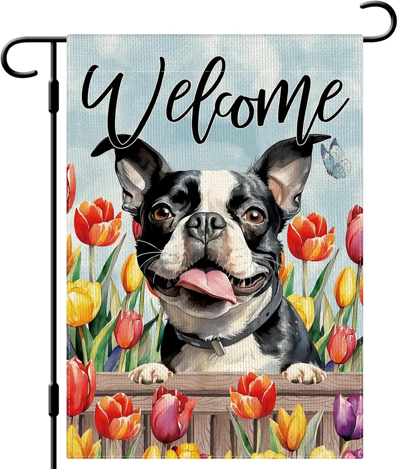 DLZDN Spring Dog Garden Flag Boston Terrier Floral Flag 12×18 Inch Double Side Vertical Burlap Farmhouse Yard Sign Seasonal  ZZL