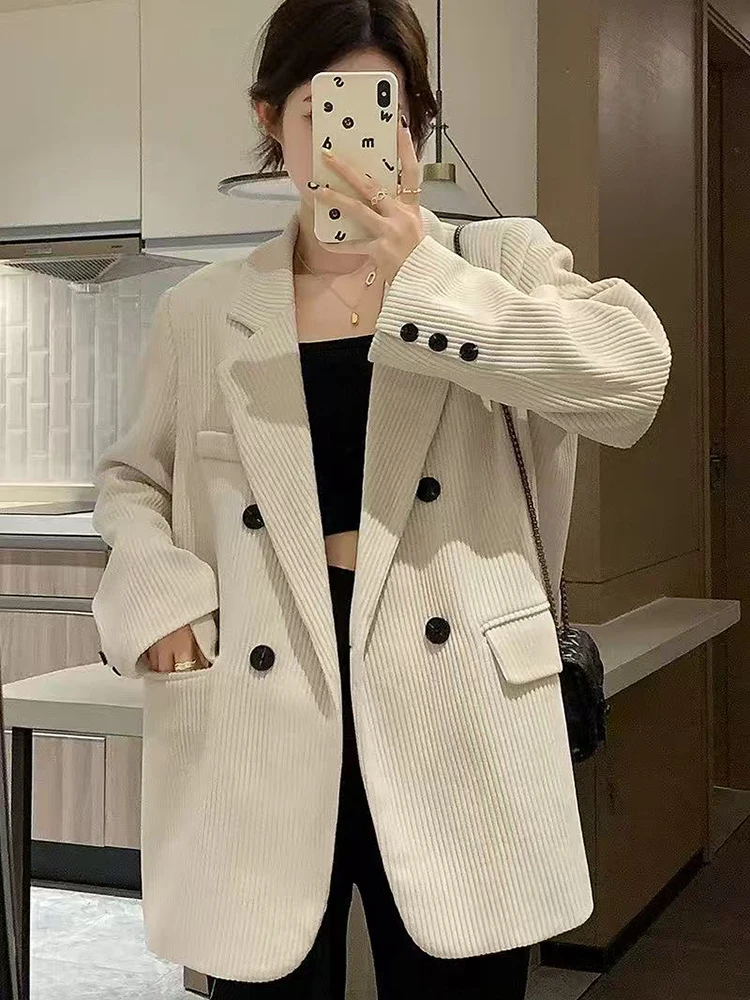 Winter Corduroy Blazer Women Y2K Loose Streetwear Casual Jacket Female Fashion Double-Breasted All Match Lapel Suit Coats New