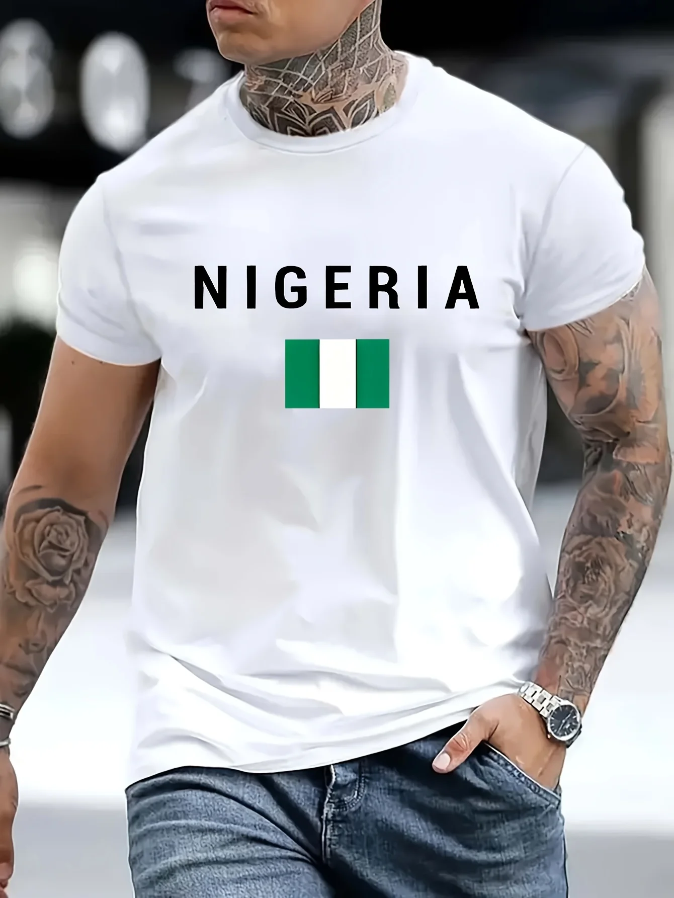

Nigerian Flag Print Men's T-Shirt - Comfortable Polyester, Round Neck, Regular Fit for Casual Attire - Summer Street Style Tee