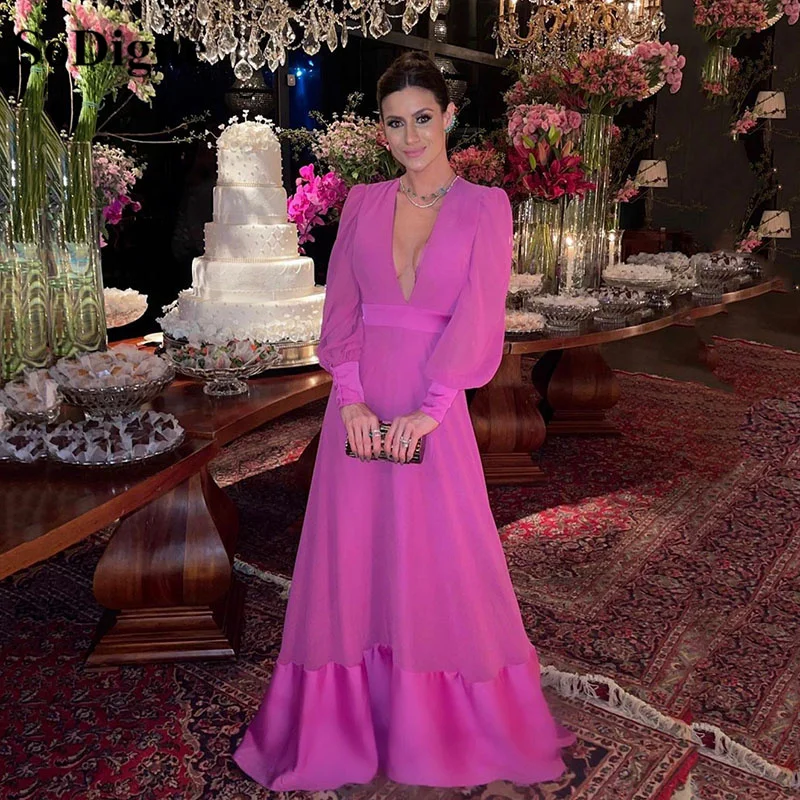 SoDigne Simple Purple Stretch Satin Evening Dresses Long Sleeves V Neck Formal Prom Gown Celebrity Dress Outfit