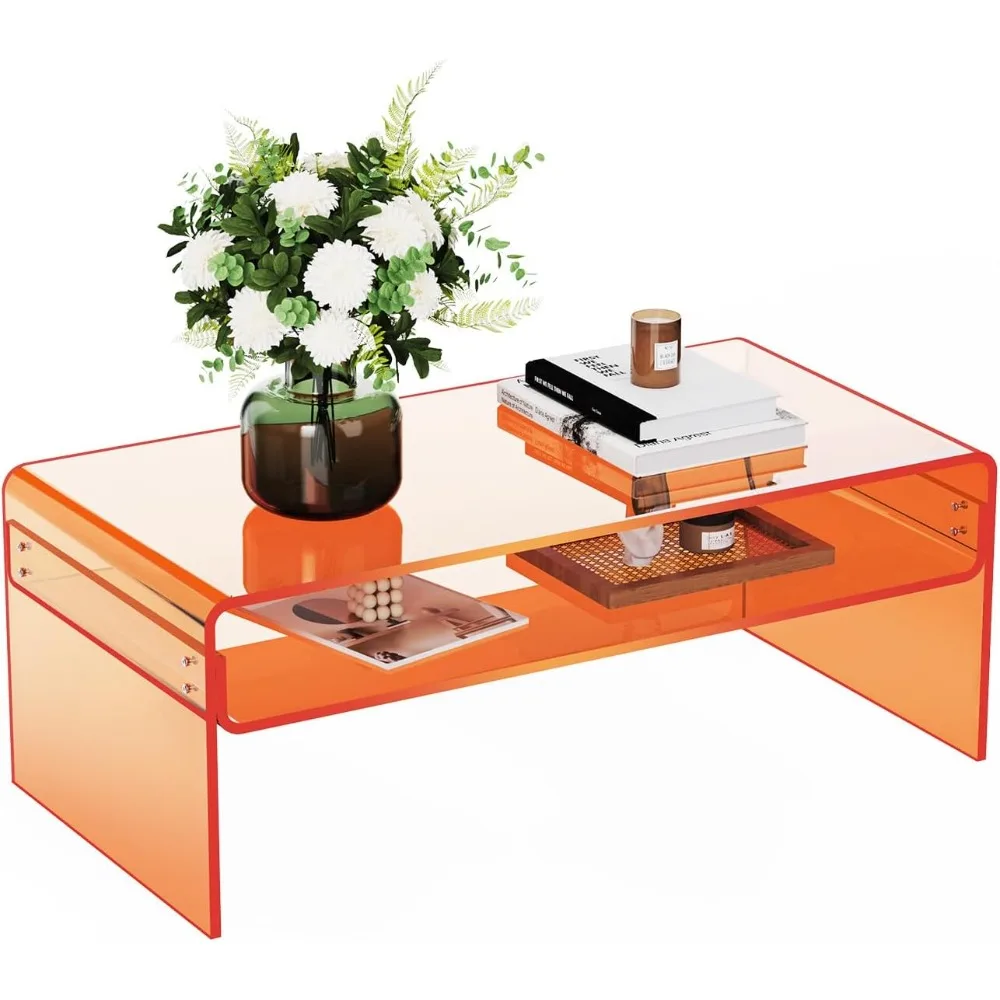 Acrylic Coffee Table for Living Room Clear Rectangle Lucite Table with Open Storage Shelf, Orange