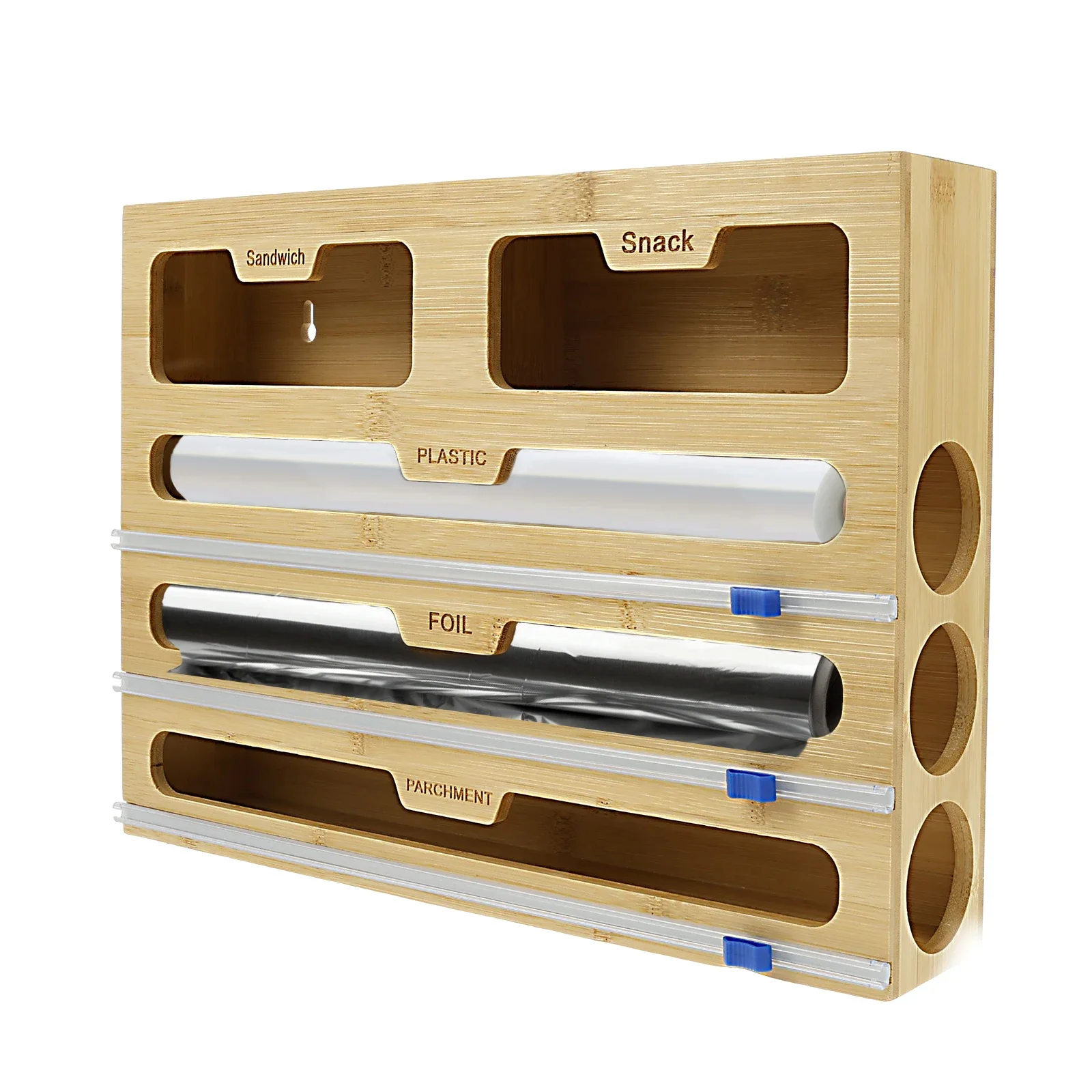 For Cutter Kitchen Food Bamboo Fresh Bag Aluminum Foil Film Dispenser Storage Holder 5 in1 Plastic Wrap Dispenser Cling Film Box