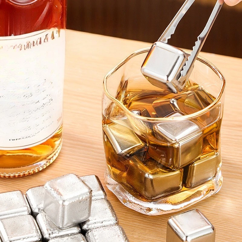 1set Summer Stainless Steel Square Ice Stones Chilling Drinks Ice Cubes Bring Tweezers For Wine Whiskey Red Wine Suit For Home/B