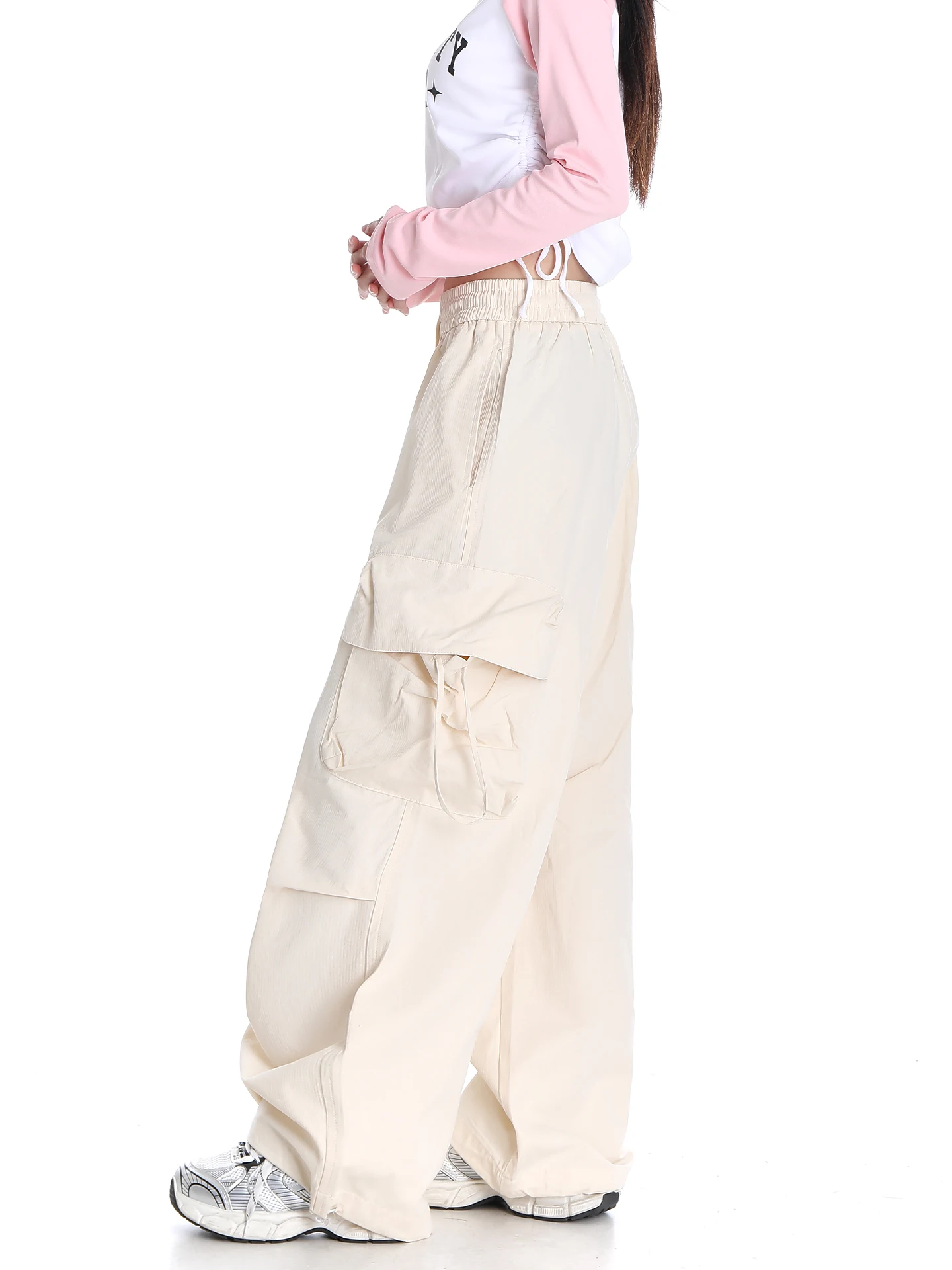 American Retro Sweet Hot Girl Cargo Trousers Baggy Pants Elastic High Waist Straight Wide Leg Casual Long Pants Women Summer