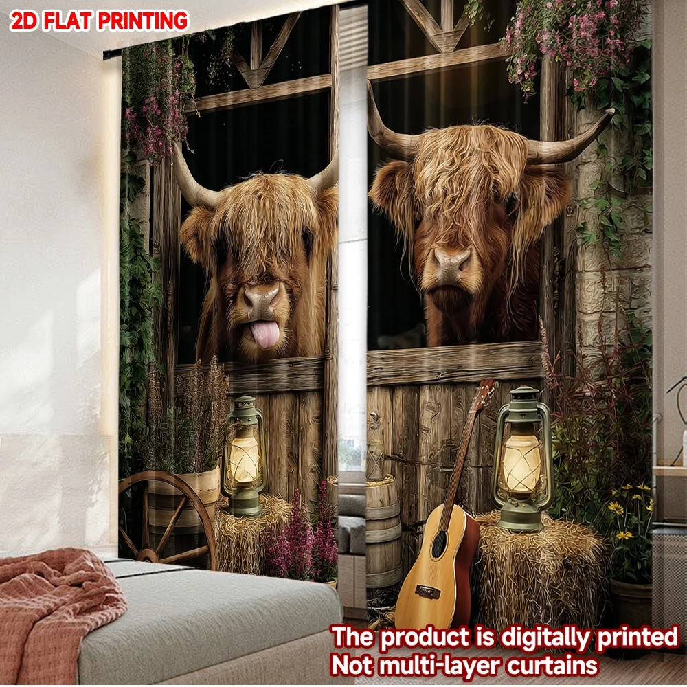 

2D flat printing 2pcs Window Curtains Vintage oxwood Digital Printed Polyester Drapes Family Party Decoration Use for Yard &