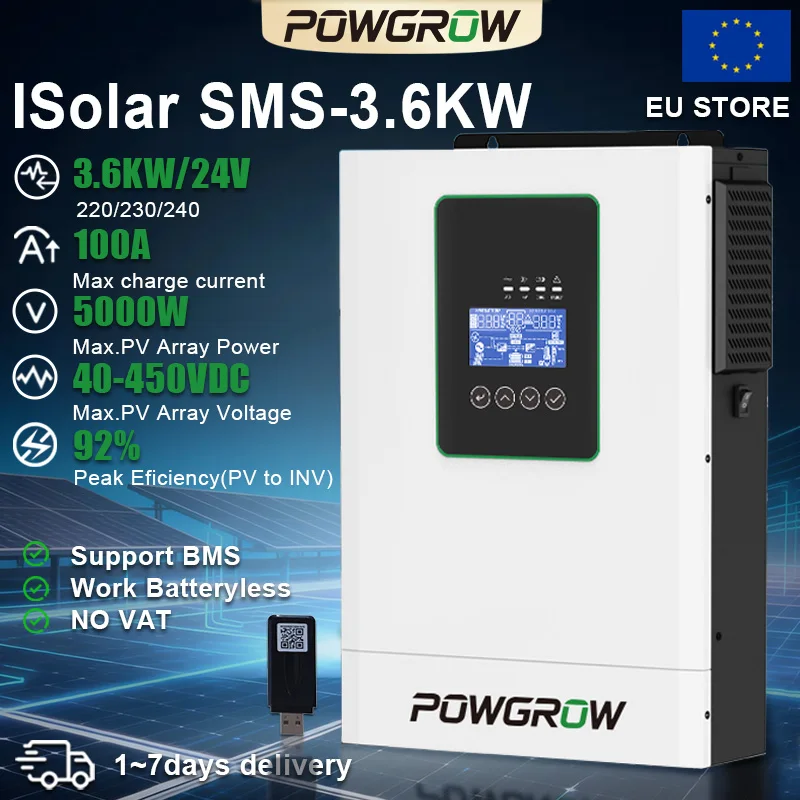 POWGROW 3600W 24V MPPT hybride zonne-omvormer off-grid 500V PV-ingang met wifi-module - geen btw