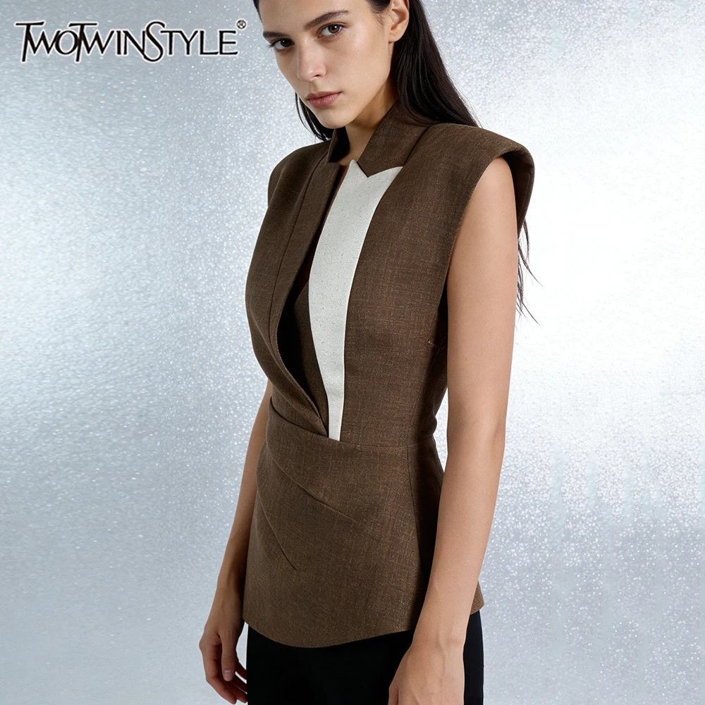 

Женский деловой офисный топ TWOTWINSTYLE с цветовыми блоками, без рукавов, с V-образным вырезом, асимметричной плиссированной талией, для повседневных встреч
