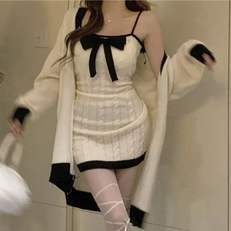 

Elegant Knitted Two-Piece Set Women Bow Designer Sweet Party Dress Set Female Korean Style Sweater Mini Dress Suit Winter 2024