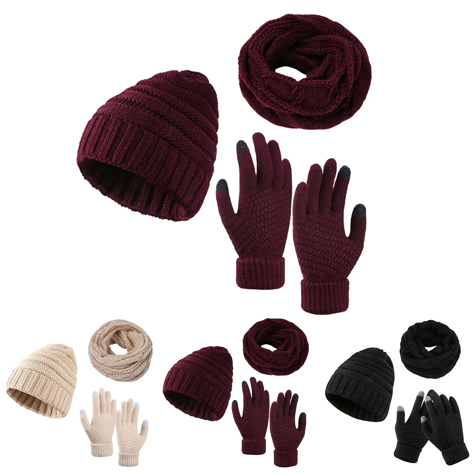 Gorro de lana cálido para hombre y mujer, bufanda, guantes holgados, tres piezas, gorro de punto para nieve, pantalla, Otoño e Invierno