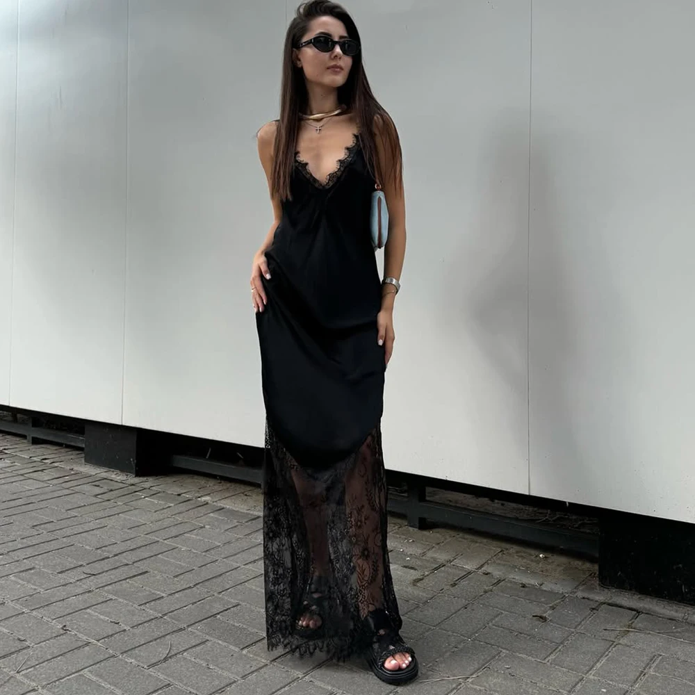 Ticketsx Sexy Lace Patchwork Dress Women V Neck See Through Sleeveless Long Dress Elegant High Street Backless Evening Dress