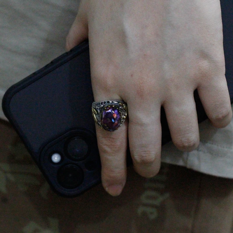 S925 خاتم مصنوع يدوياً من الفضة الإسترلينية الفيروزية والفارزية ، خاتم إسلامي رجالي ، هدية مجوهرات مهرجان النساء الأرجواني ، مجوهرات تركية #6