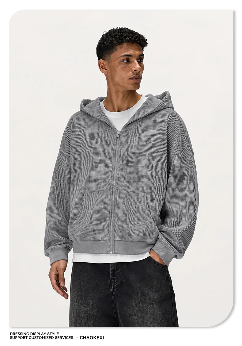 Waffle Knit Full Zip Hoodie for Men Vintage Washed Hooded Sweatshirt Casual Loose Cotton Kangaroo Pocket Streetwear Clothes
