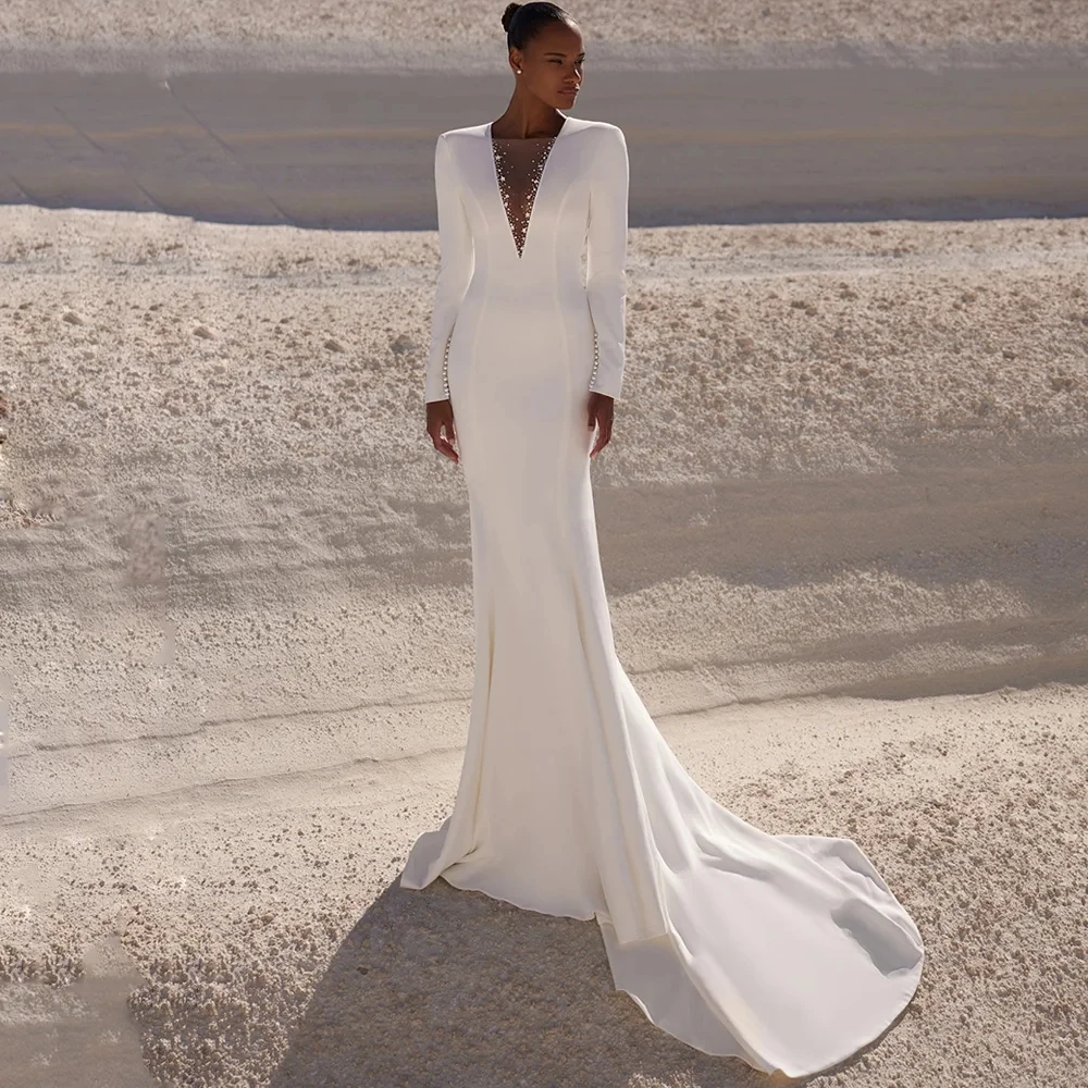 

New Wedding Dress Mermaid Bridal Gown 2026 Deep V Neck Full Sleeves Beading Open Back Satin Woman Bride Dresses Robe Mariage
