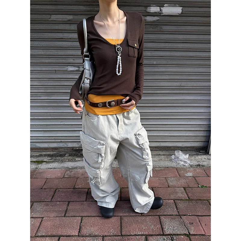 Benuynffy American High Street Retro Cargo Pants Women 2026 Autumn New Y2k Multi Pocket Casual Female Baggy Wide Leg Trousers