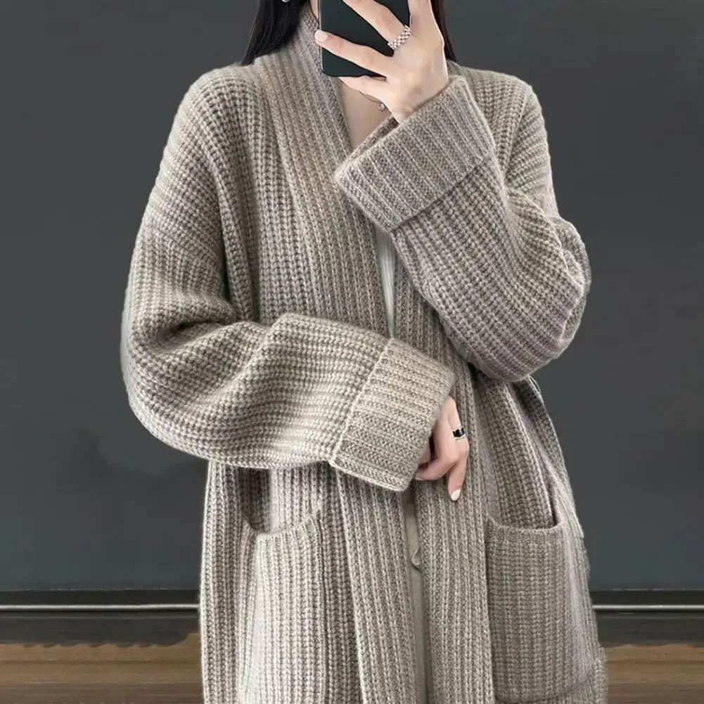 New Korean Version of Goat Mid Cardigan Sweater Simple Open Stitch Sweater Loose Languid Lazy Knit Sweater 2024 Autumn Winter