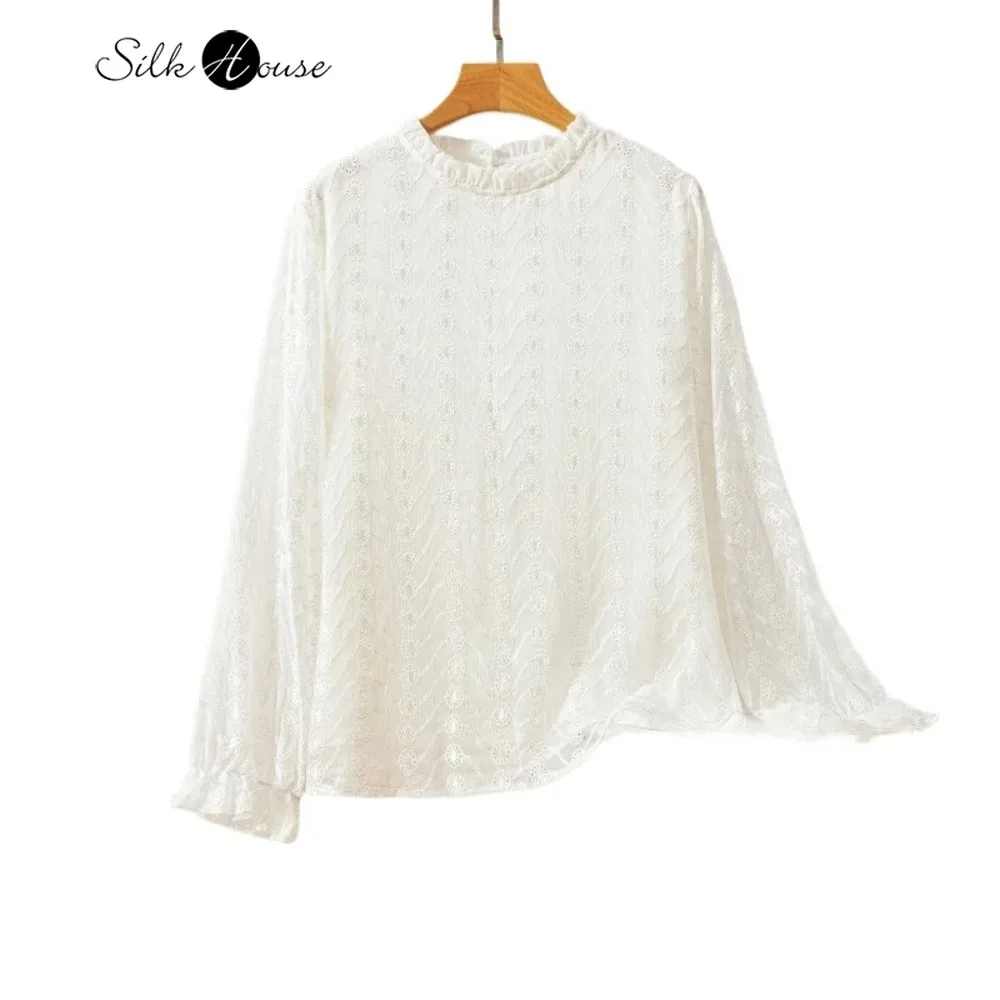 

2025 Women's Fashion Autumn New 100% Natural Mulberry Silk Embroidered White Elegant Ruffled Edge Collar Long Sleeve T-shirt